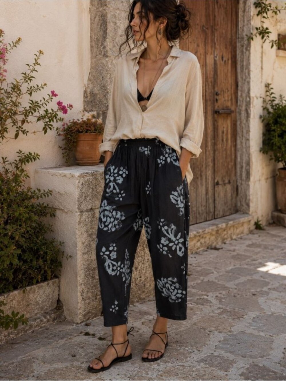 Kaliyana Black Relaxed Fit Pull On Floral Print Pants Boho Lagenlook One Size